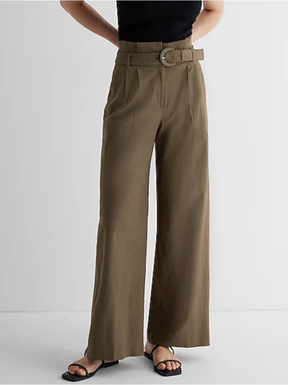 NWT Express High-Waisted Wide-Leg Linen-Blend Pants in Olive